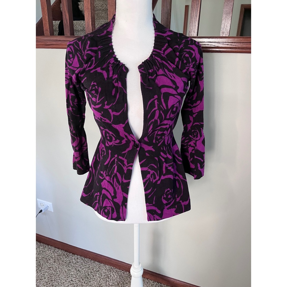 INC International Concepts Purple Black Floral Rose Cardigan Bell Sleeve Small
